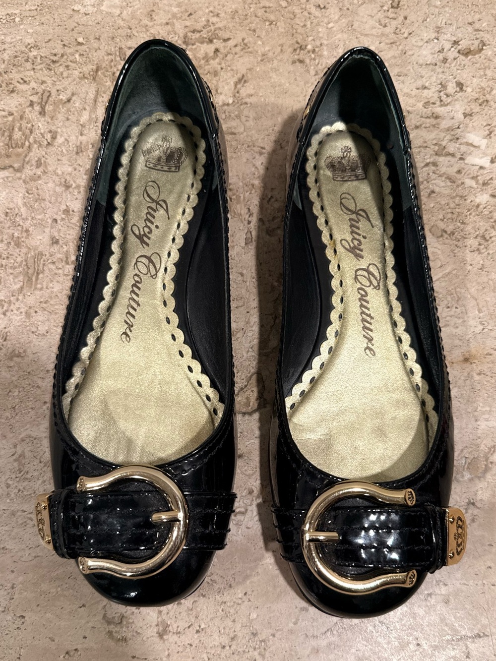 JUICY COUTURE Vintage Black Patent Ballet Flats with Gold Buckle Accent